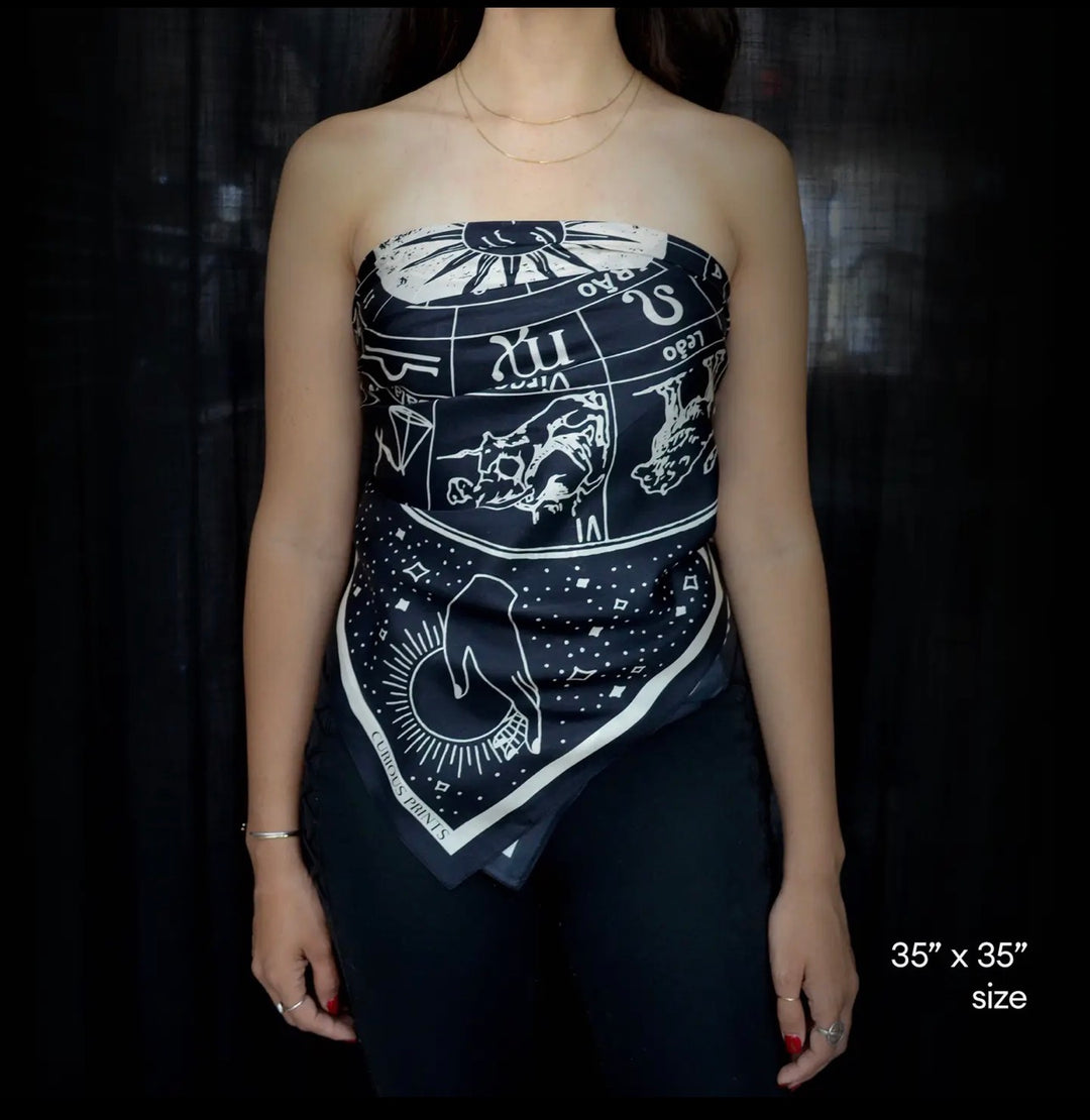 Silk Scarf Zodiac Signs 100% Silk Black/white