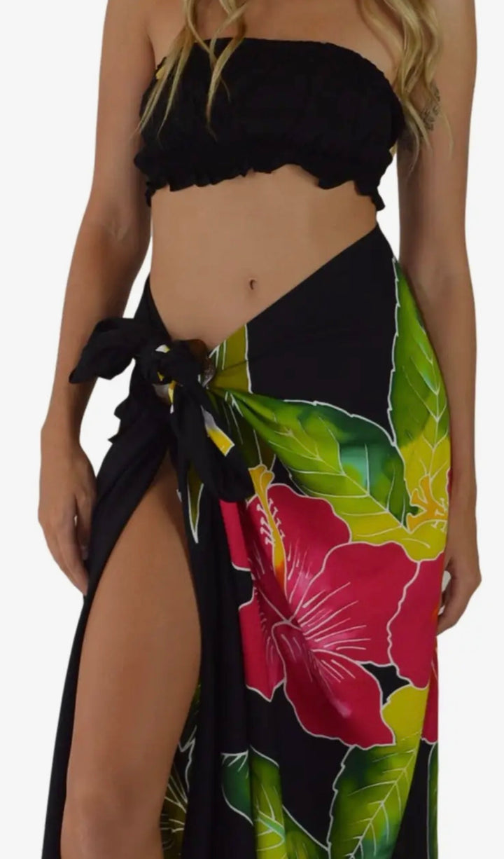 Pareo Sarong Black Batik Hibiscus Cover up