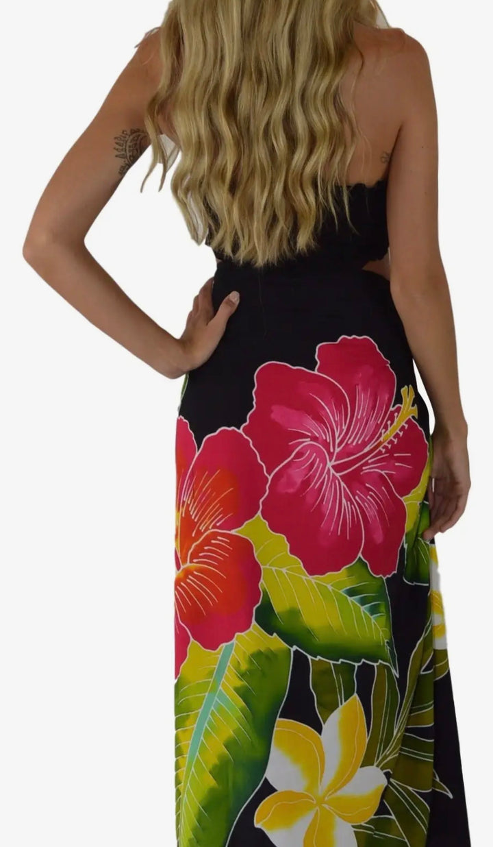 Pareo Sarong Black Batik Hibiscus Cover up