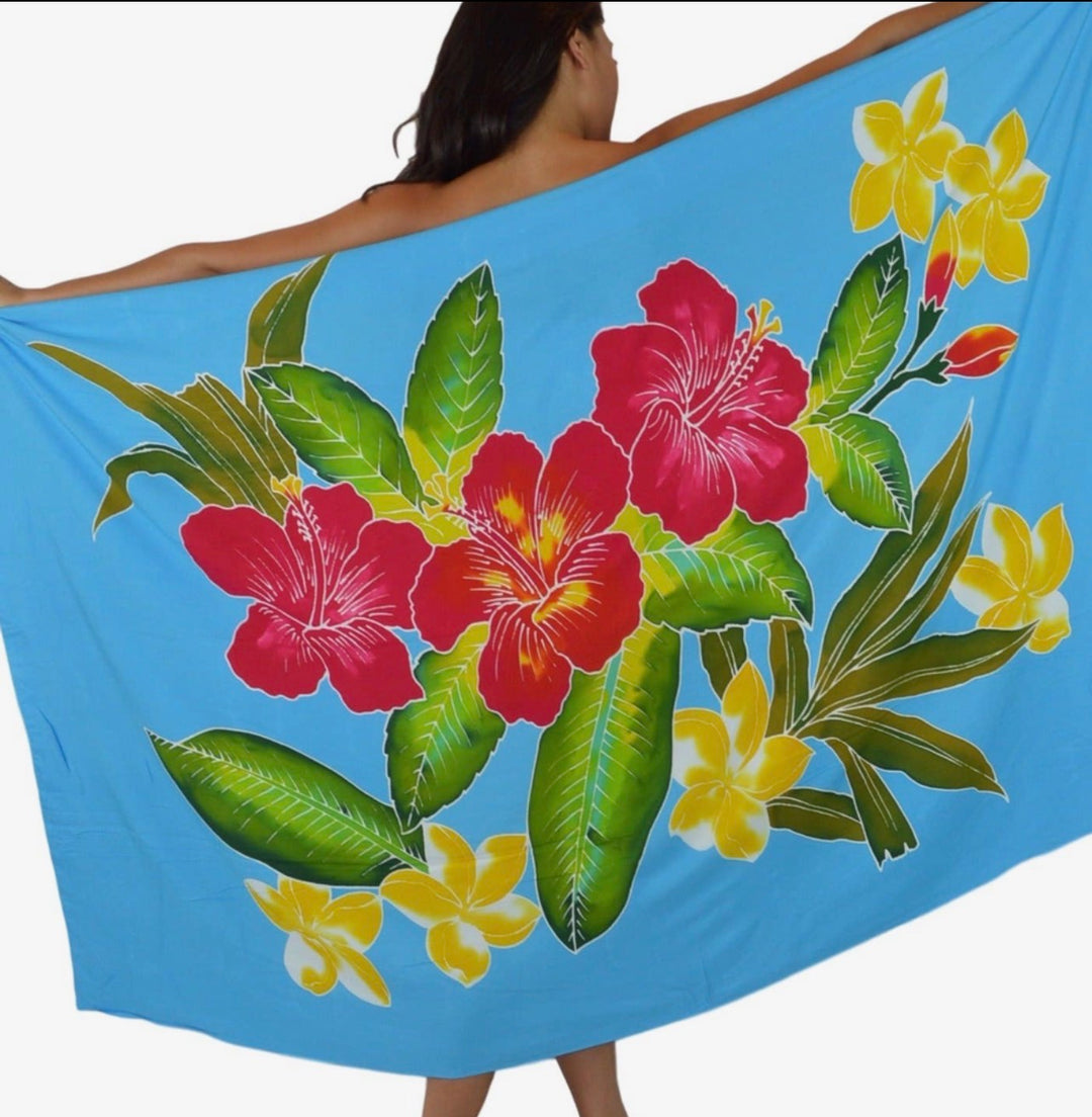 Pareo/sarong Hibiscus Batik Turquoise Cover Up