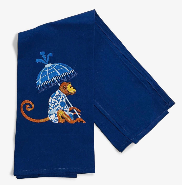 Embroidered Tea Towel-Blue Monkey