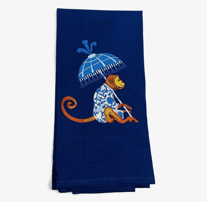 Embroidered Tea Towel-Blue Monkey