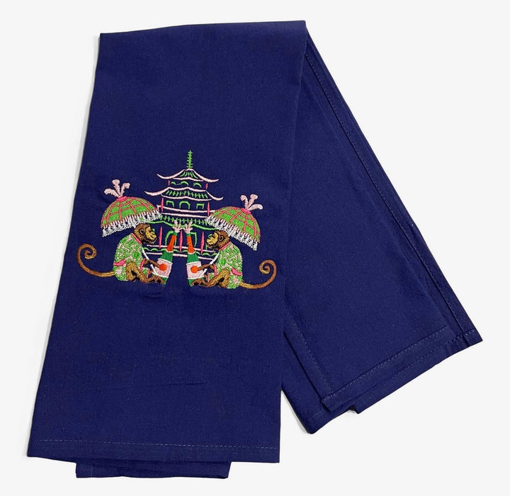Embroidered Tea Towel Celebrating Monkeys on Navy