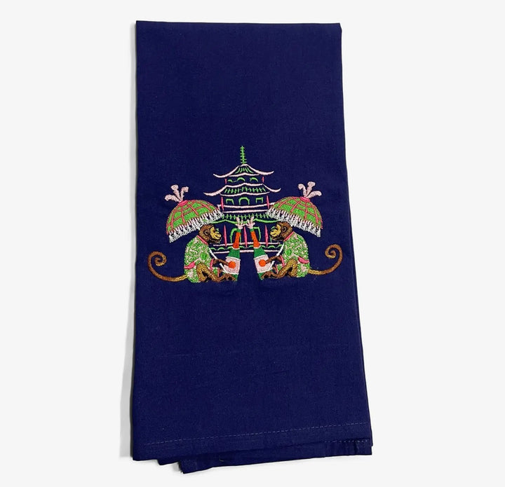Embroidered Tea Towel Celebrating Monkeys on Navy