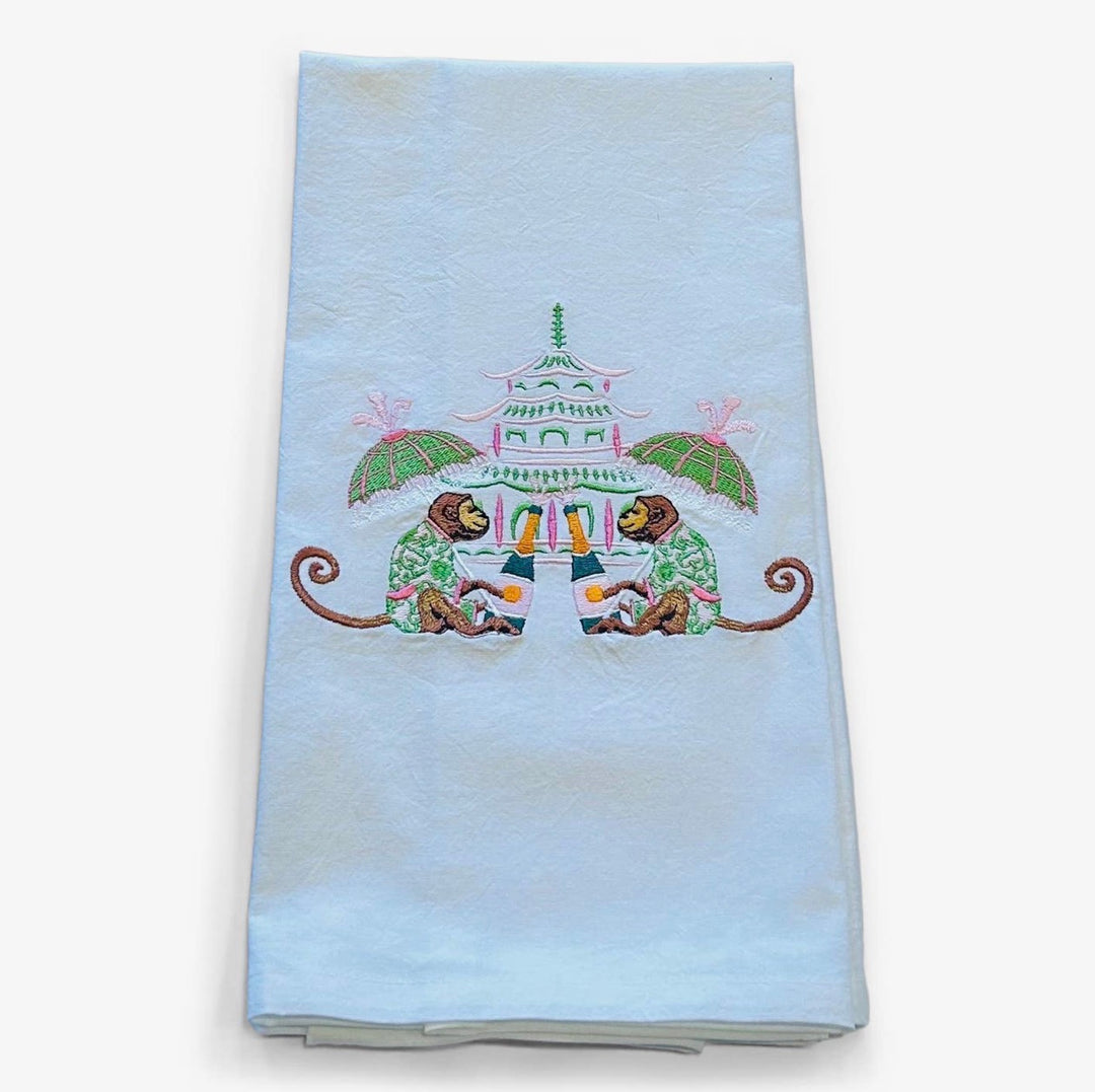 Embroidered Tea Towel Celebrating Monkeys White