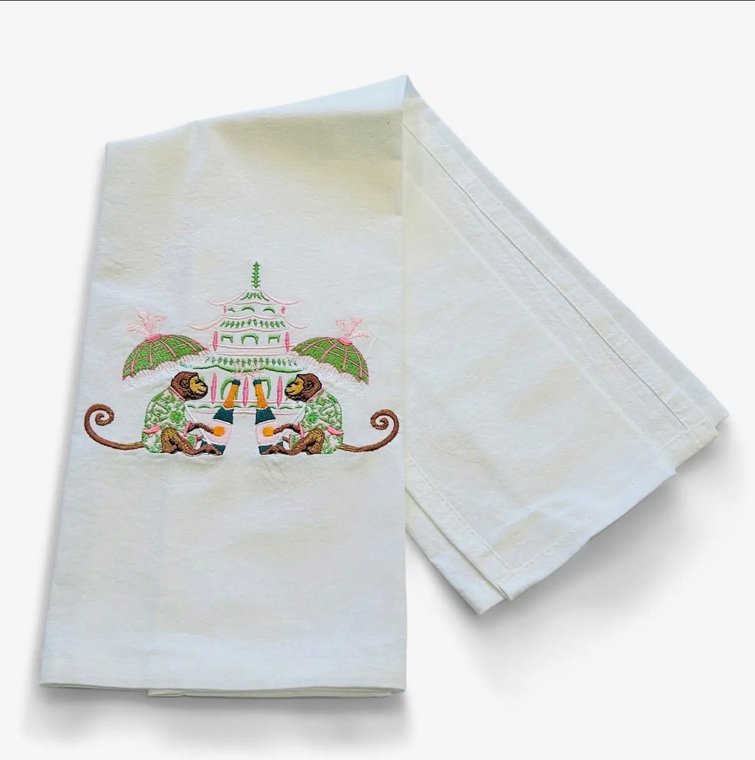 Embroidered Tea Towel Celebrating Monkeys White