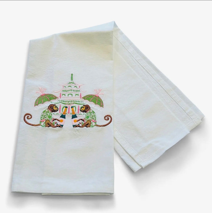Embroidered Tea Towel Celebrating Monkeys White