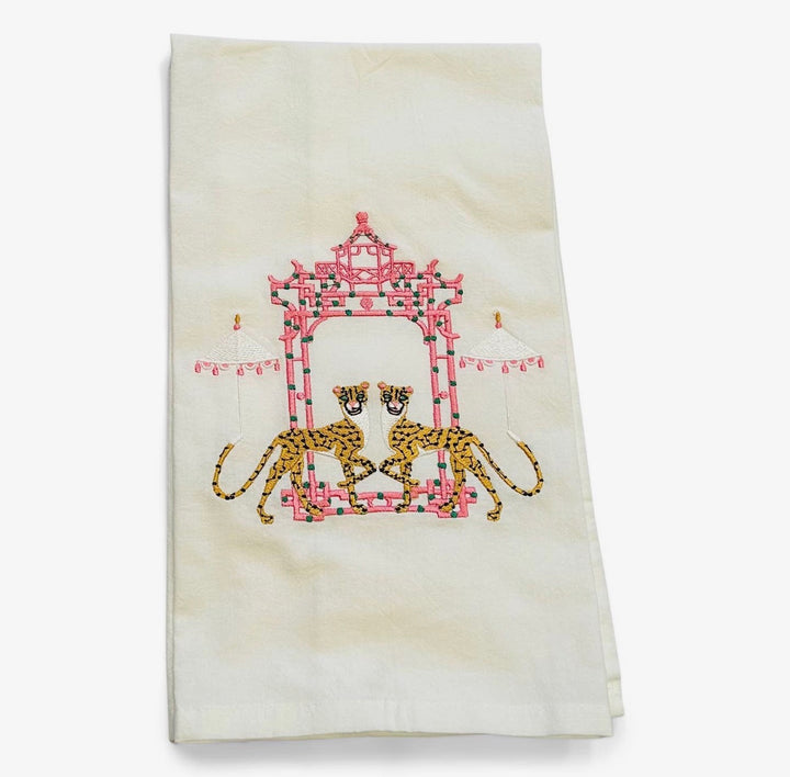 Embroidered Tea Towel Cheetah With Umbrella by Pagoda White