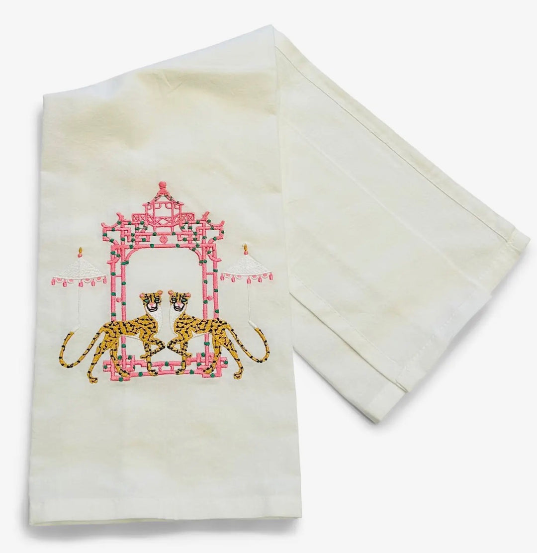Embroidered Tea Towel Cheetah With Umbrella by Pagoda White
