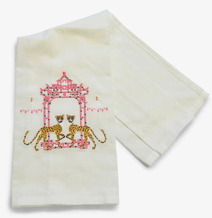Embroidered Tea Towel Cheetah With Umbrella by Pagoda White