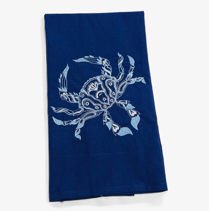 Embroidered Tea Towel Chinoiserie Crab Navy