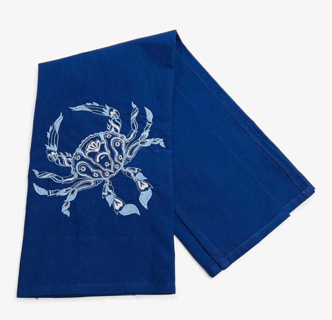 Embroidered Tea Towel Chinoiserie Crab Navy