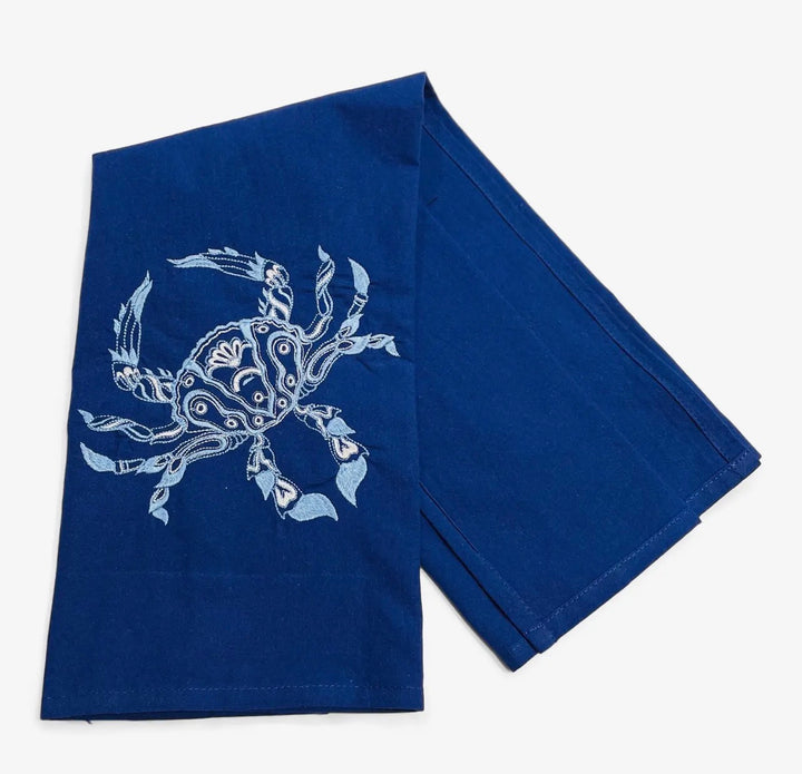 Embroidered Tea Towel Chinoiserie Crab Navy