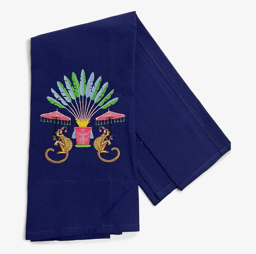 Embroidered Tea Towel Monkeys with Palms Navy