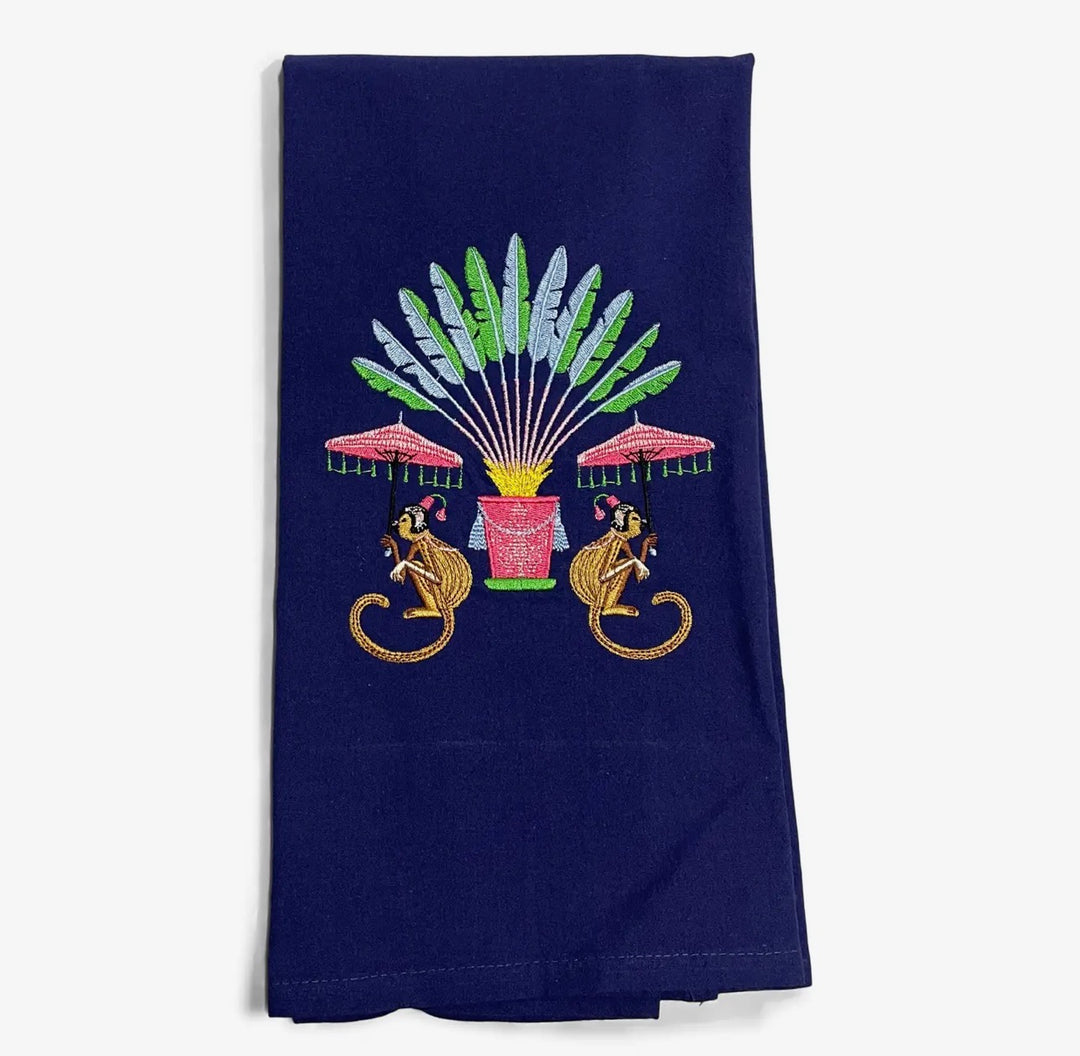 Embroidered Tea Towel Monkeys with Palms Navy