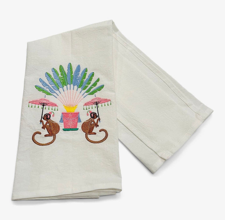 Embroidered Tea Towel Monkeys with Palms White