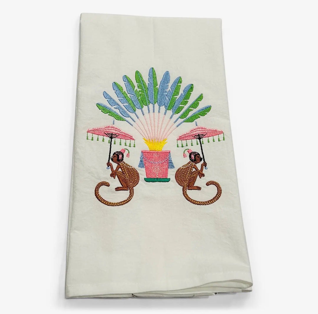 Embroidered Tea Towel Monkeys with Palms White