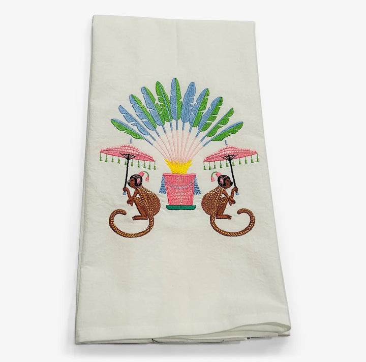 Embroidered Tea Towel Monkeys with Palms White