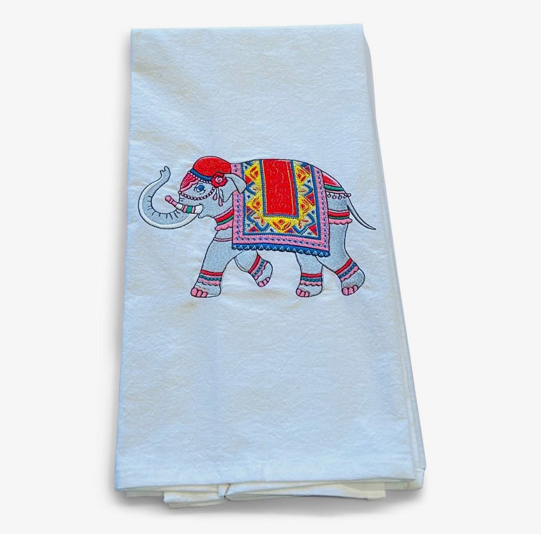Embroidered Tea Towel Moroccan Elephant White