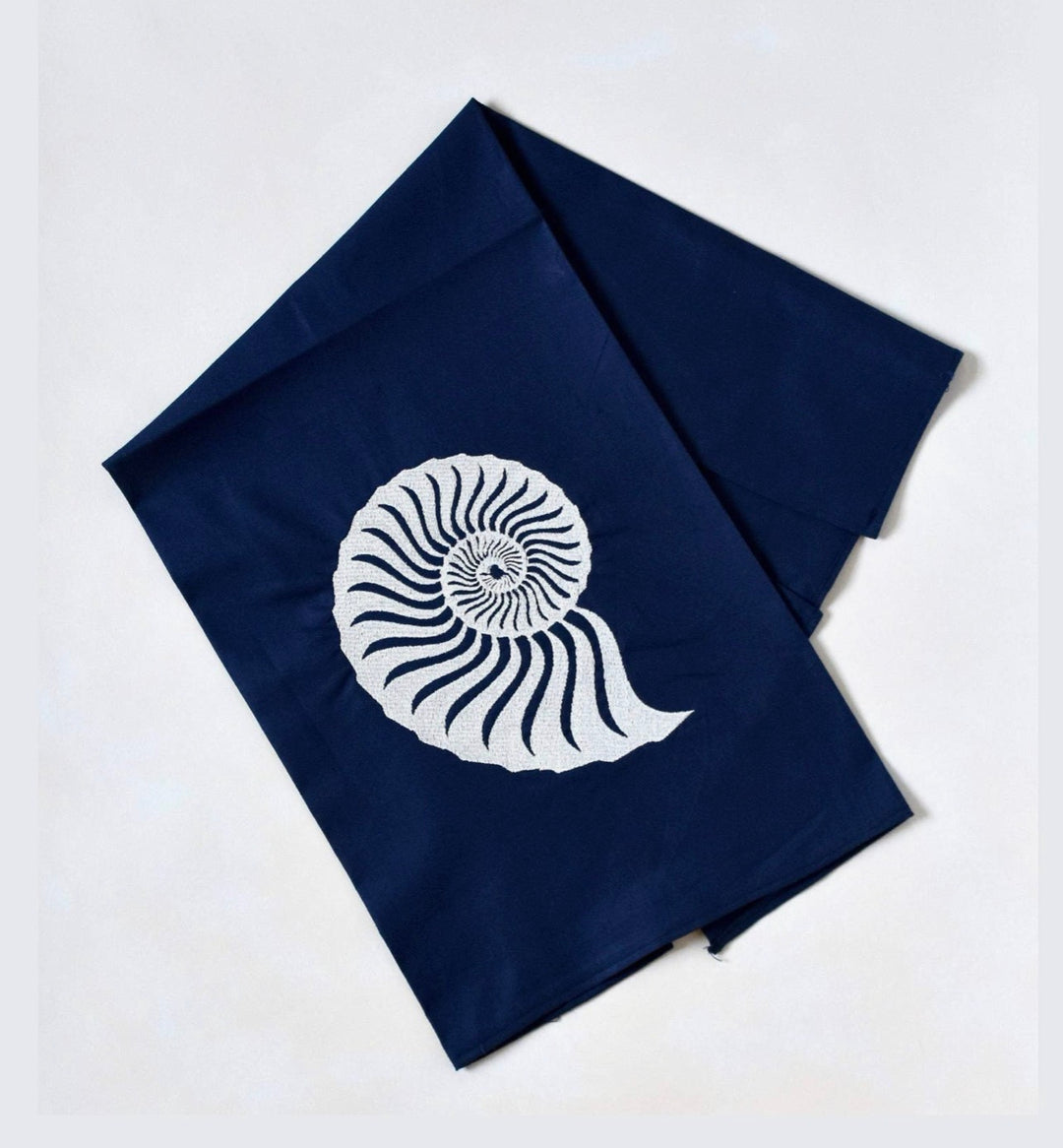 Embroidered Tea Towel Nautilus Shell on Navy