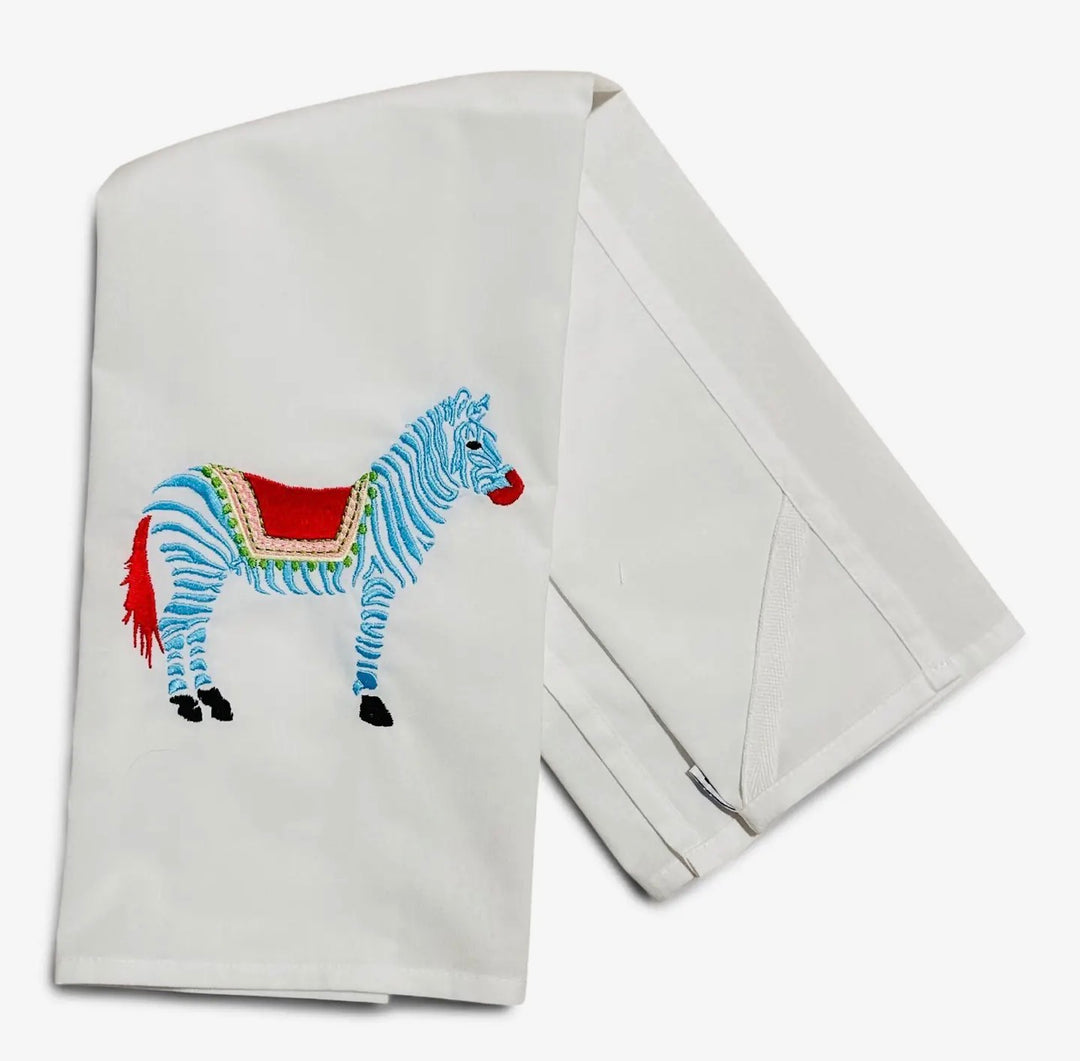 Embroidered Tea Towel Preppy Zebra White