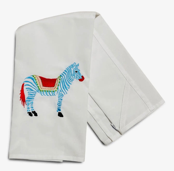 Embroidered Tea Towel Preppy Zebra White