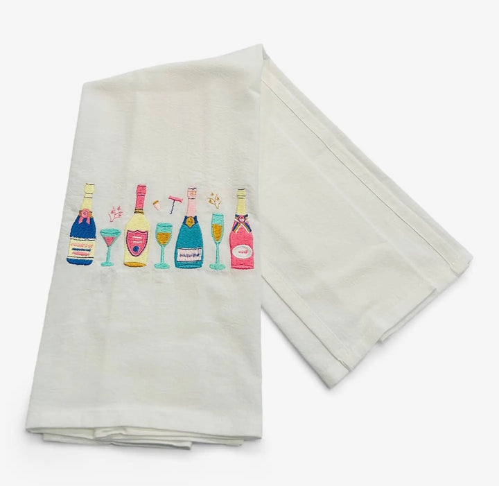 Embroidered Tea Towel Champagne Bottles White