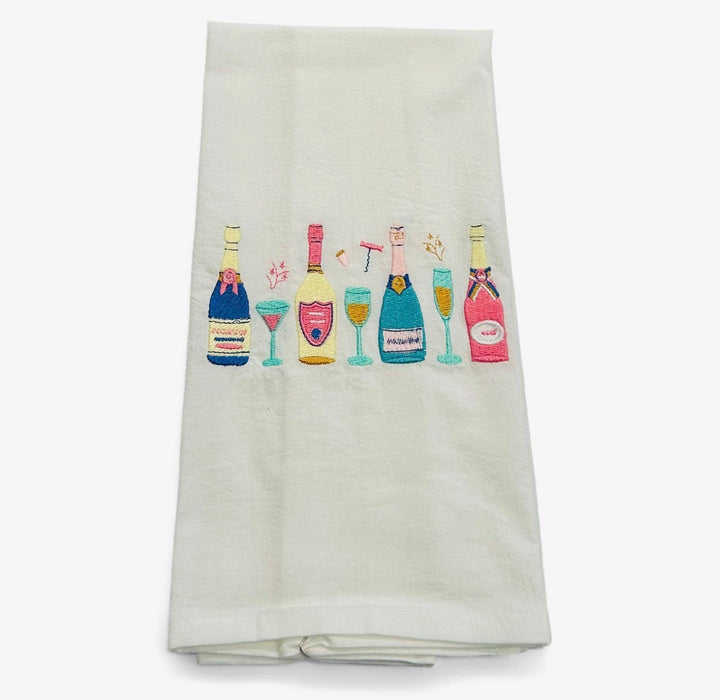 Embroidered Tea Towel Champagne Bottles White