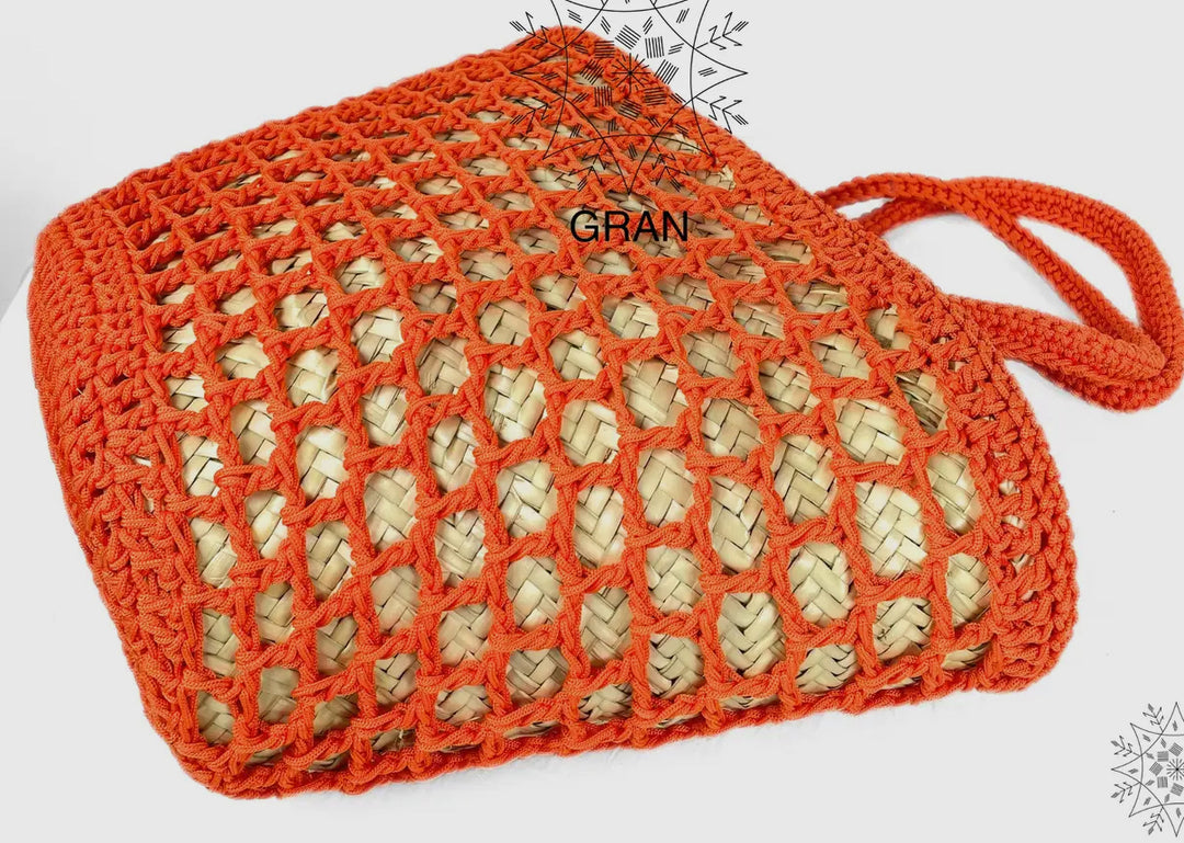 Crocheted and Straw Market Tote Bag-Red