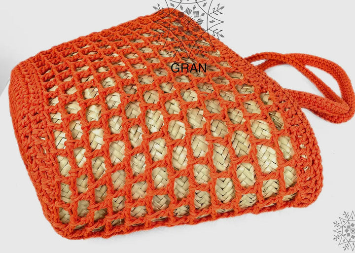 Crocheted and Straw Market Tote Bag-Red