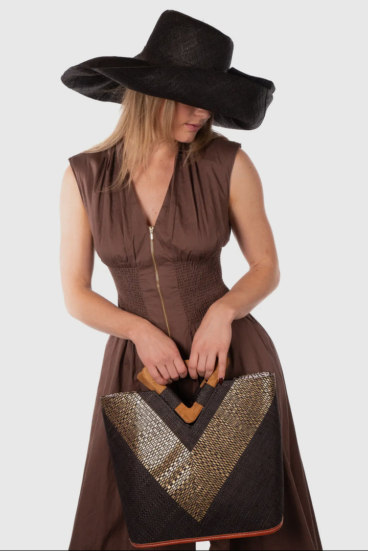 Straw Handbag with Gold Metallic Detailing and Wood Handles-Black