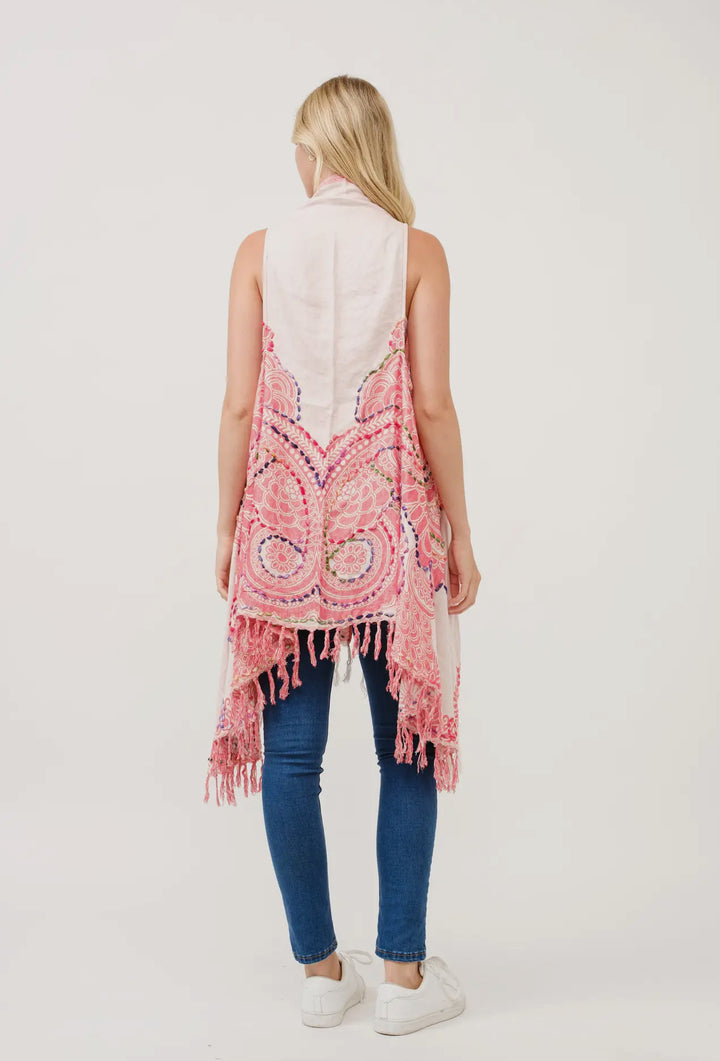 Boho styled embroidered stick stitch tunic-pink white