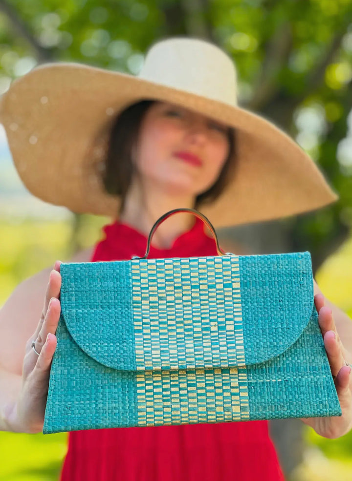 Straw Handbag with Metallic Detailing and Horn Handle-Teal and gold metallic