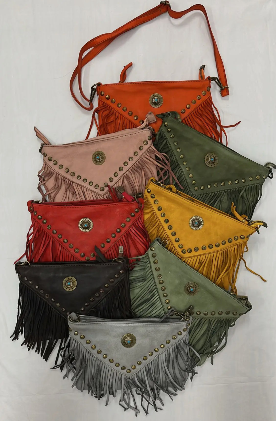 Fringed Leather Crossbody Bag-Red