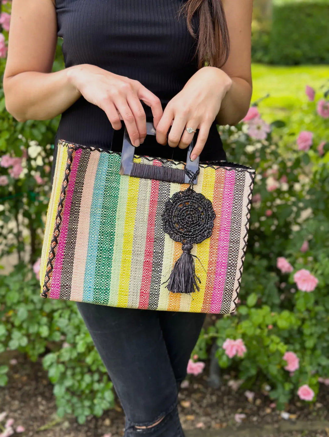 Square Straw Handbag with Horn Handles-Multi