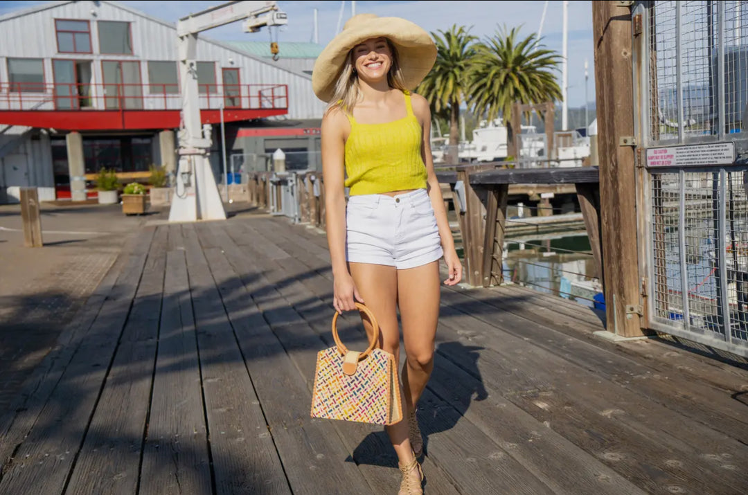 Straw Handbag with Leather Handles-Black and Natural