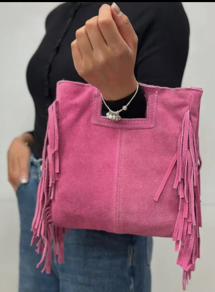 Hot Pink Fringed Suede Crossbody Bag