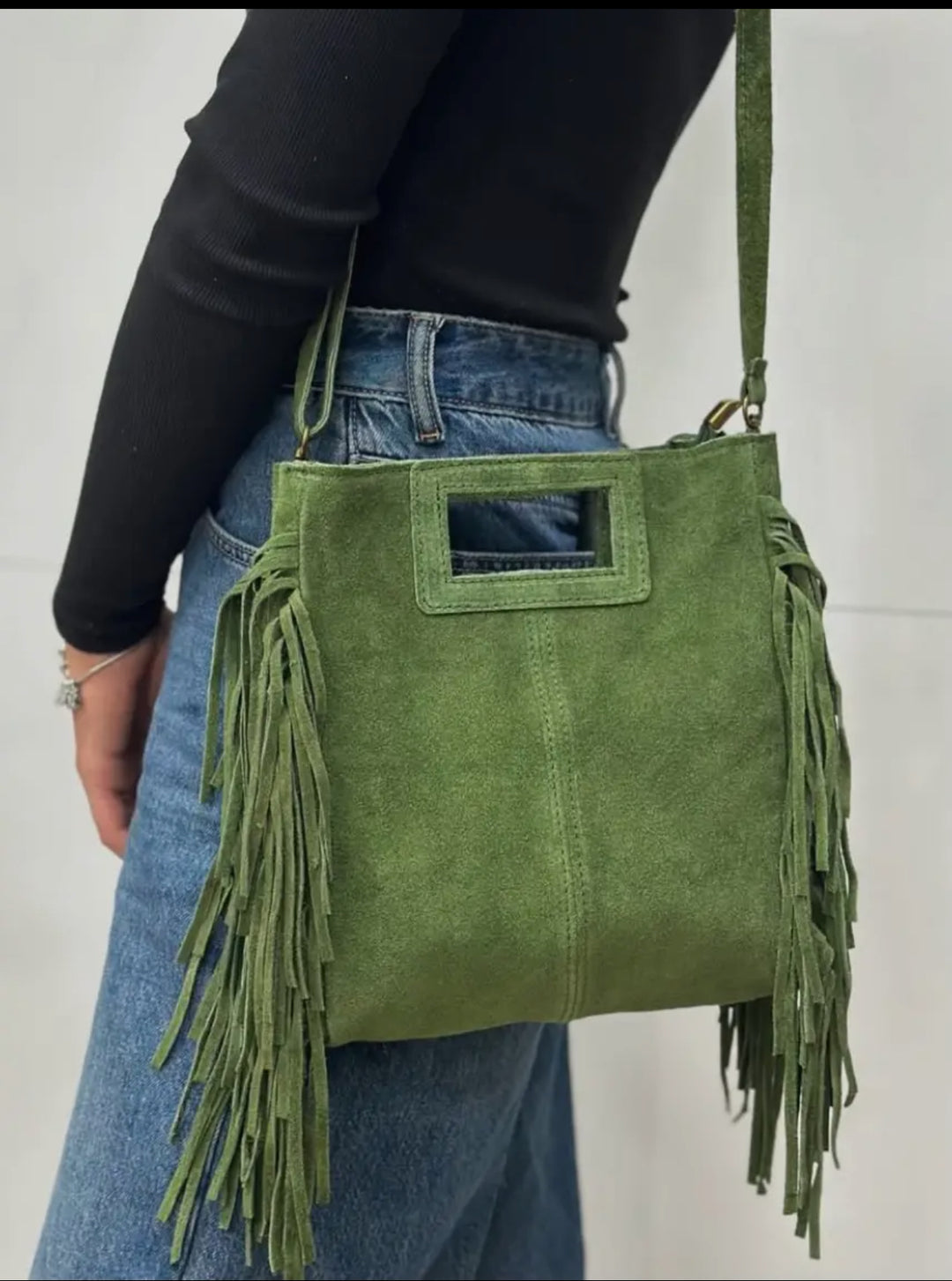 Hot Pink Fringed Suede Crossbody Bag