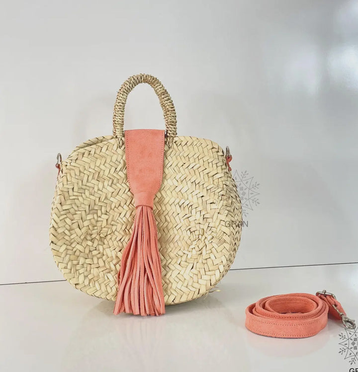 Round Straw Crossbody Bag with Leather Tassel