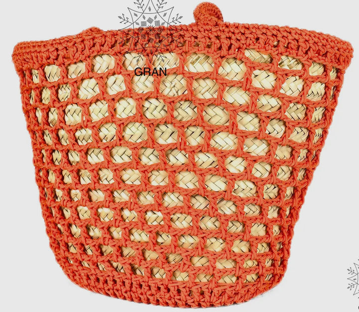 Crocheted and Straw Market Tote Bag-Red