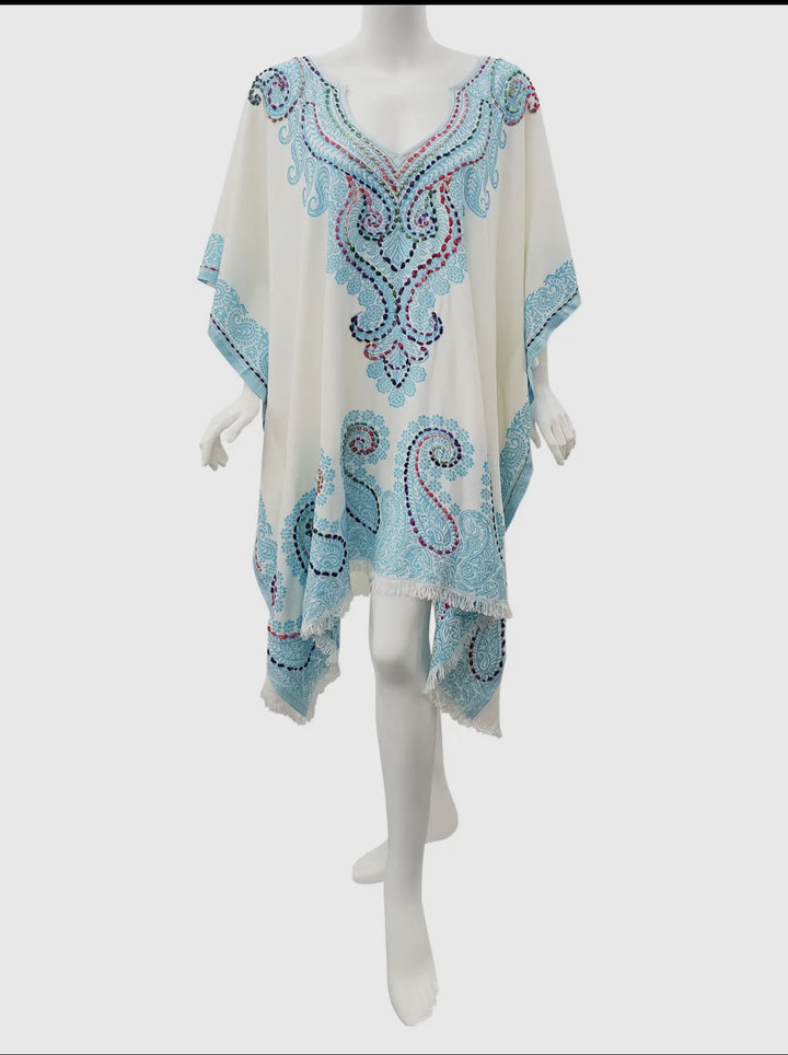 Beach cover up-100% cotton with embroidered bodice-turquoise and white