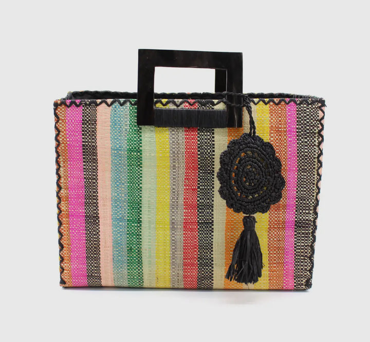 Square Straw Handbag with Horn Handles-Multi