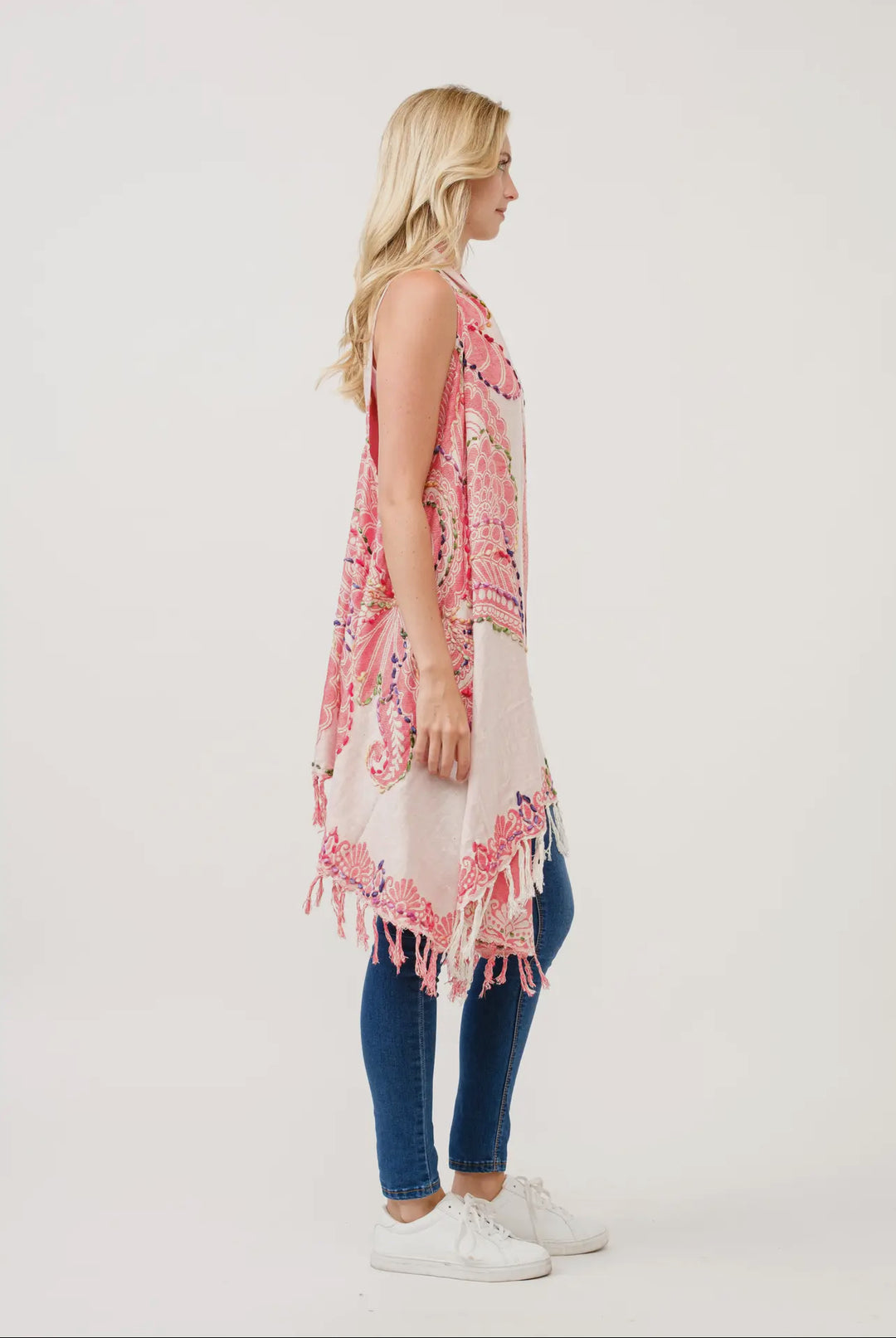 Boho styled embroidered stick stitch tunic-pink white