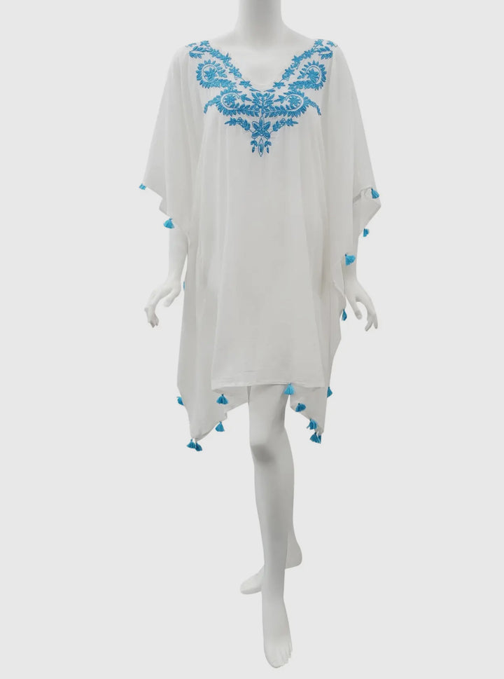 Beach cover up/kaftan-turquoise and white