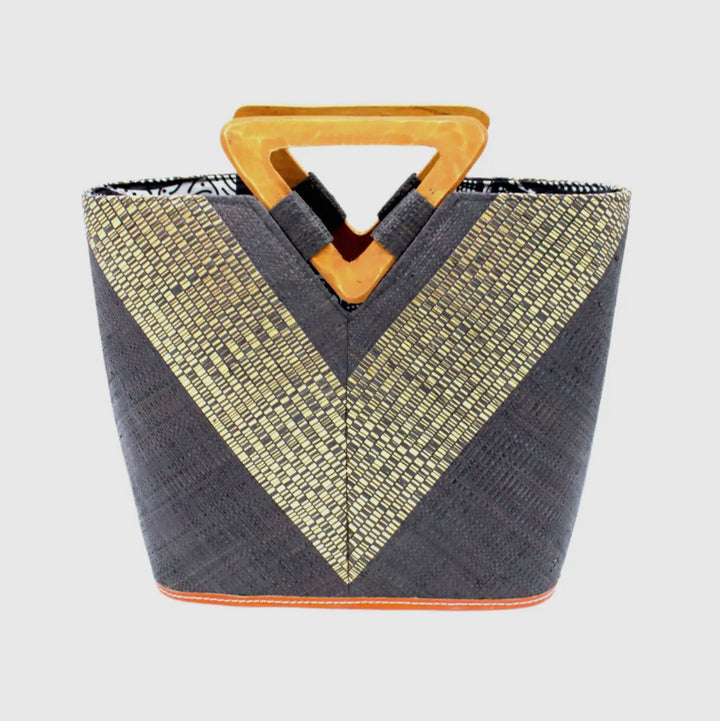 Straw Handbag with Gold Metallic Detailing and Wood Handles-Black