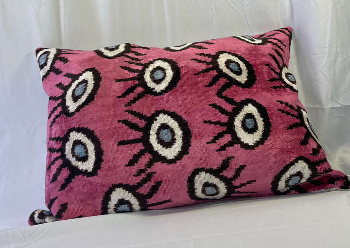 Evil Eye Silk Velvet Ikat Square Pillow-Hot Pink