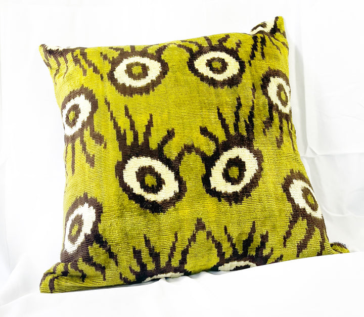 Evil Eye Silk Velvet Ikat Square pillow-Olive Green