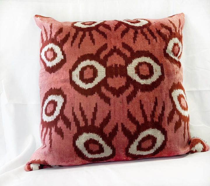 Evil Eye Silk Velvet Ikat Square Pillow-Coral Pink