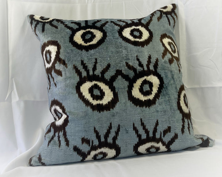 Evil Eye Silk Velvet Ikat Square Pillow-Blue/Black