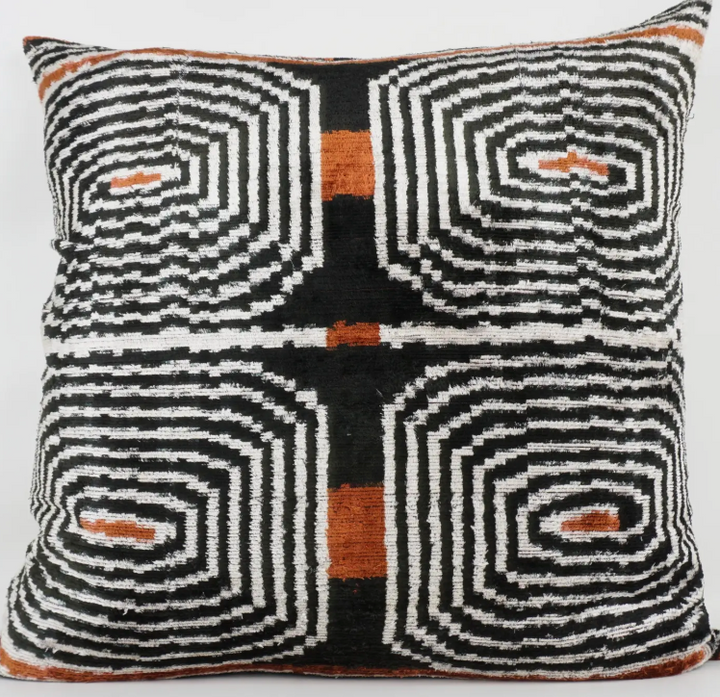 Graphic black/copper/white Silk velvet Ikat throw pillow-24"x24"